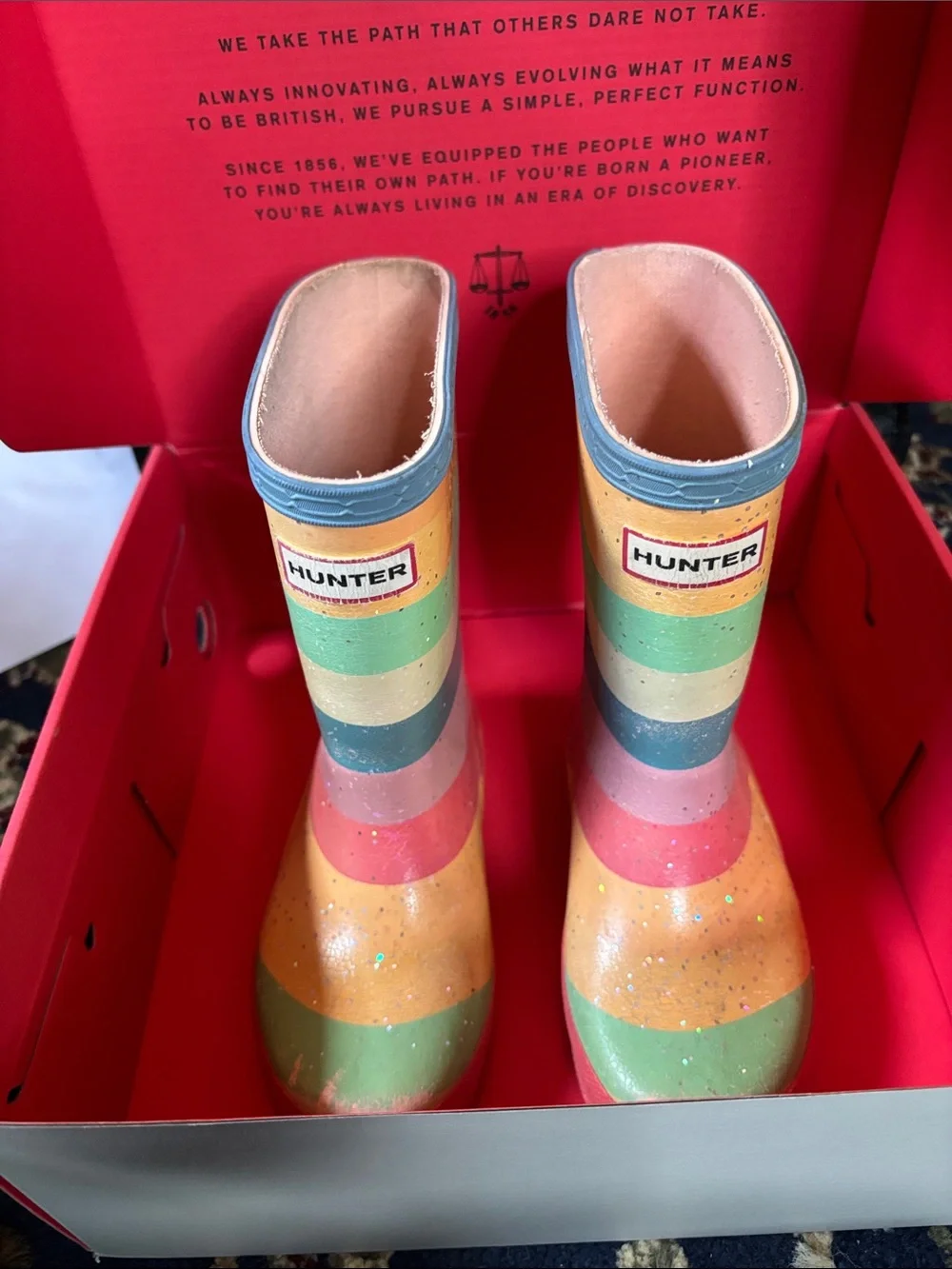 Hunter Kids Rainbow Striped Rain Boots in Green, Blue, Yellow, Pink